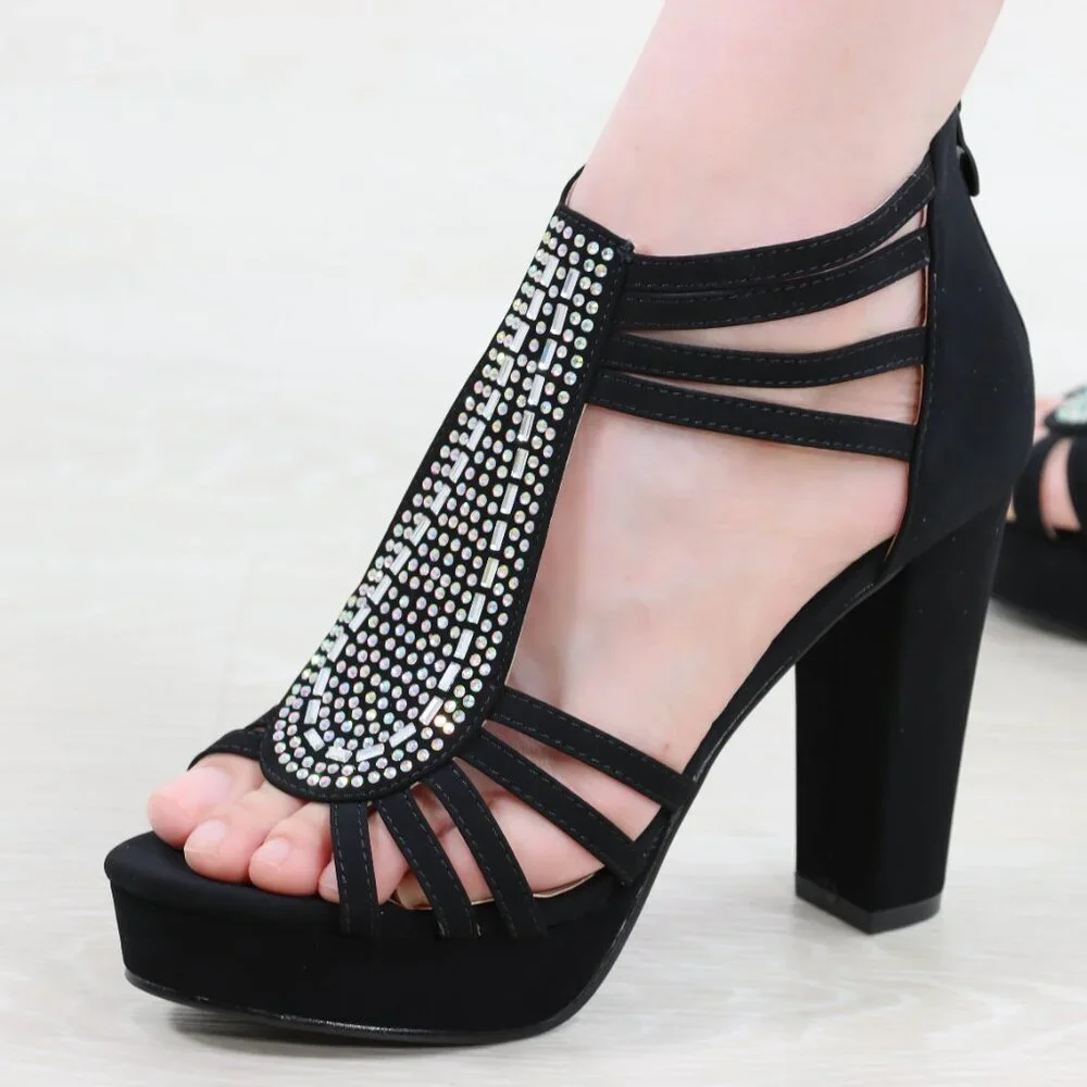 Black Rhinestone T-Strap Platform Sandals Women’s Block Heel Evening Party Shoes - Picture 3 of 15